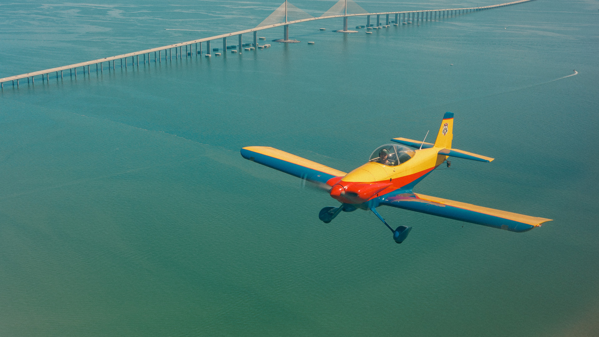Robb Hohmann pilots his Vans RV-4 over the Sunshine Skyway Bridge in Pinellas County, Florida.